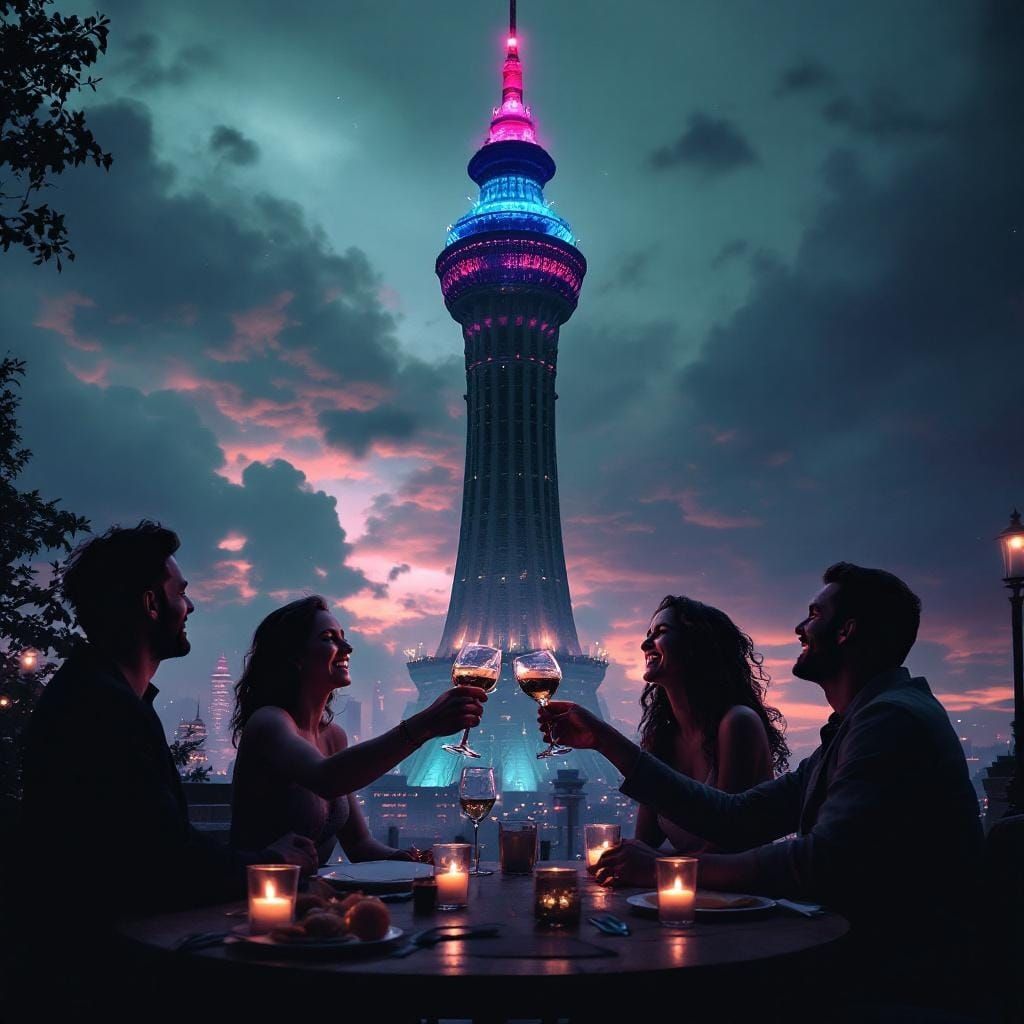 Majestic Tower Scene with Friends Toasting in CGI Style