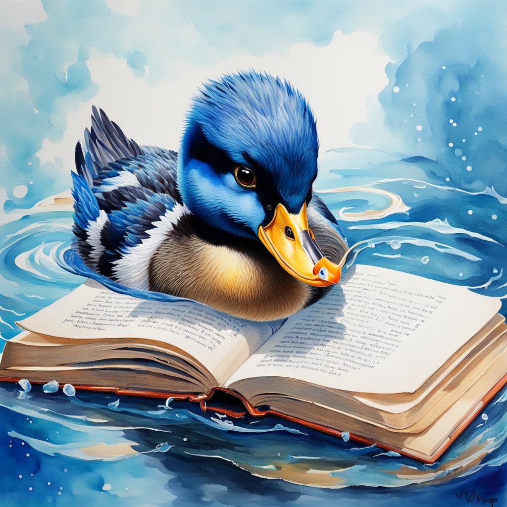 Mythical Blue Duck Emerges from Book, Watercolor
