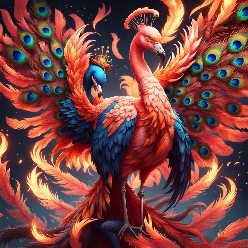 Flamingo-Phoenix-Peacock Hybrid in Anime Style