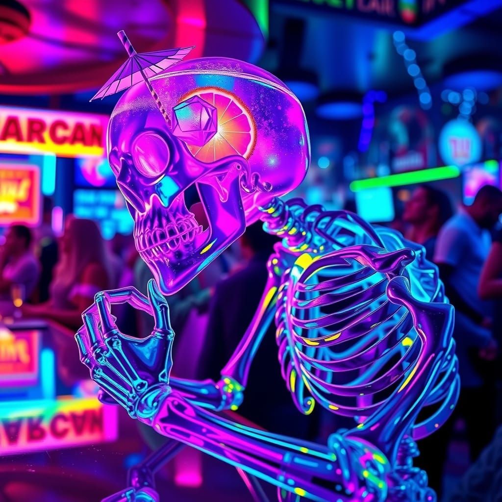 Crystal Skeleton Contemplates Cocktail in Neon Bar
