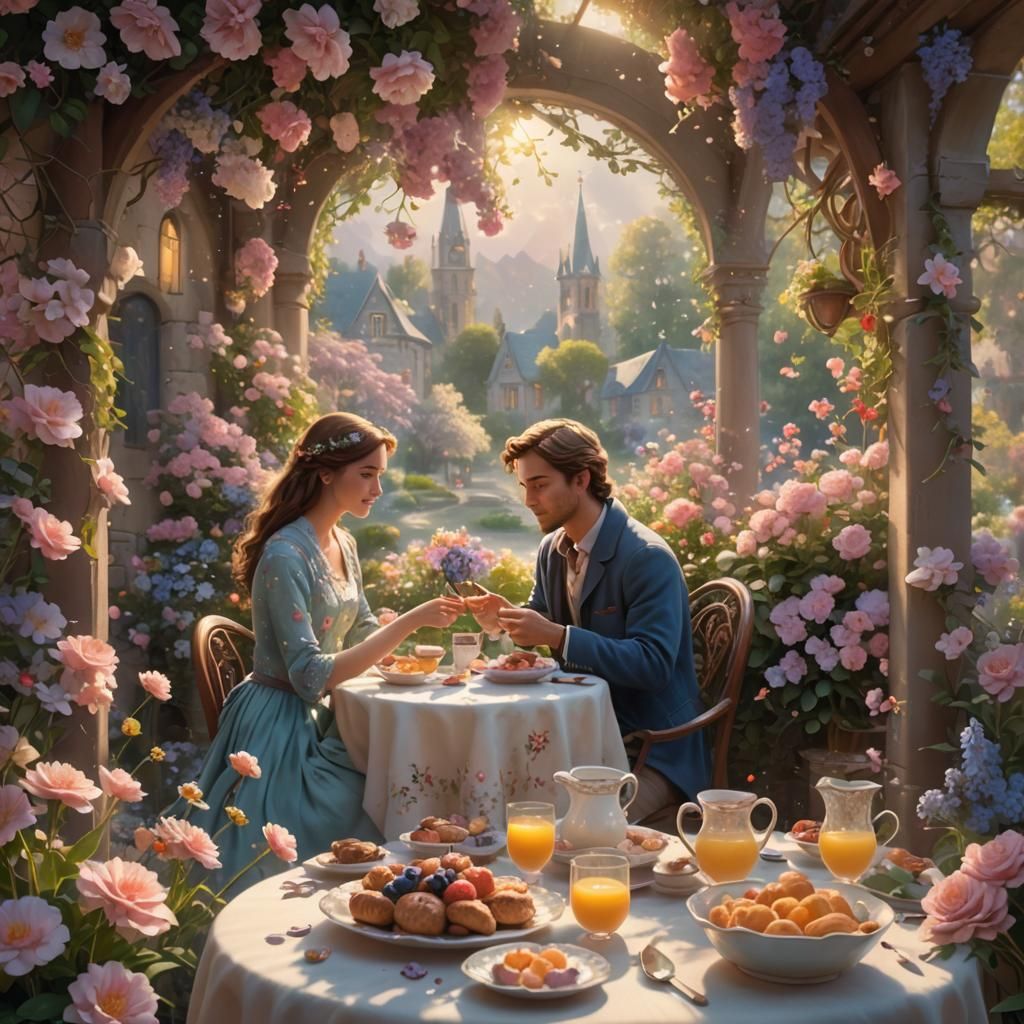 Romantic Couple's Breakfast Amidst Flowers: A Digital Master...