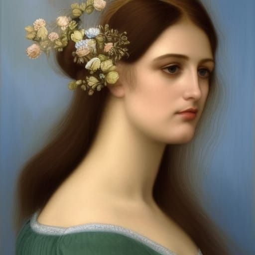 Elegant Pre-Raphaelite Lady in Emerald Dress