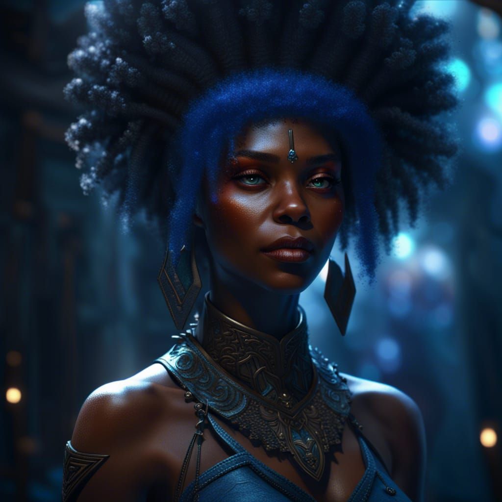 Striking Dark Elf with Blue Afro, Hyperdetailed Art