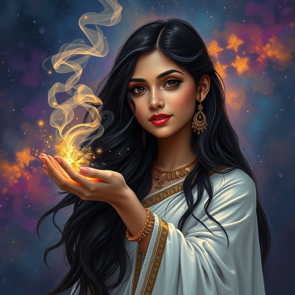 Ethereal Night Goddess with Starry Sky and Glittering Smoke