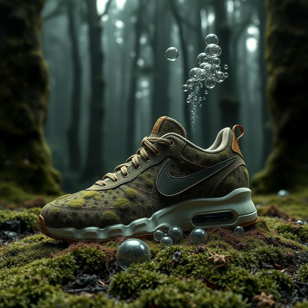 Earthy Dream: Nike Sneaker in Mossy Forest, Digital Art