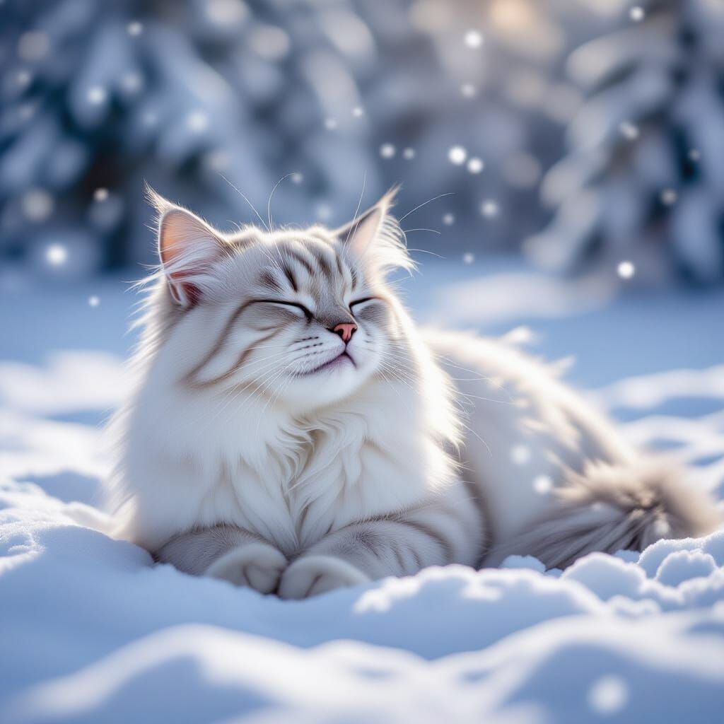 Snowdrift Yawncat in Winter Meadow, Ethereal Fantasy Art
