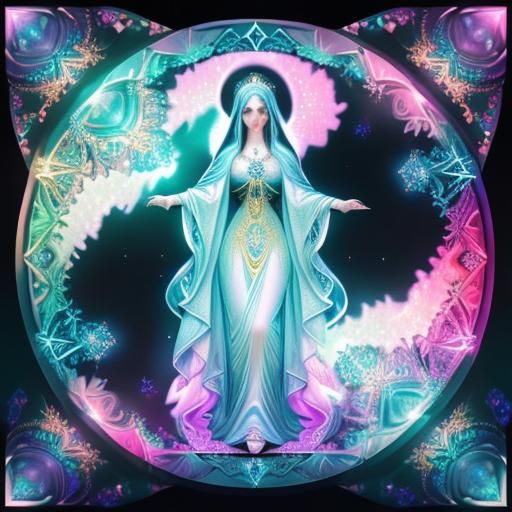 Holy Virgin Mary with Gemstones in Abstract Fractal Design