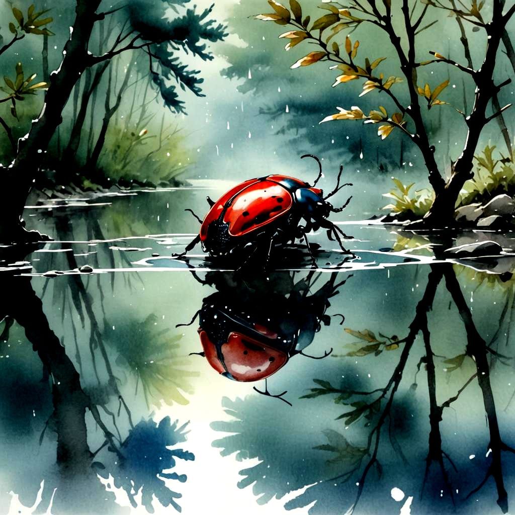 Red Beetle Reflection on Wet Road, Japanese Style