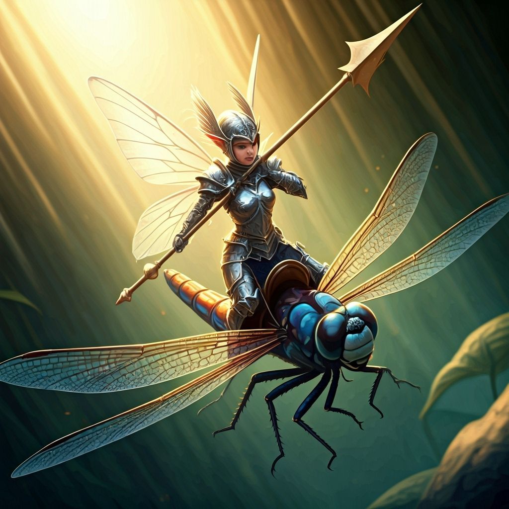 Fairy Paladin with Golden Lance on Iridescent Dragonfly