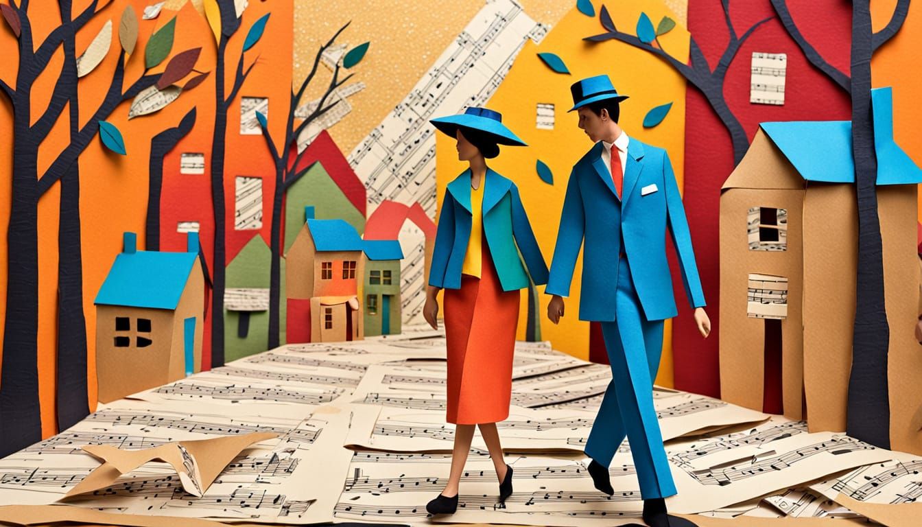 Whimsical Paper Collage of Couple on Newspaper Road