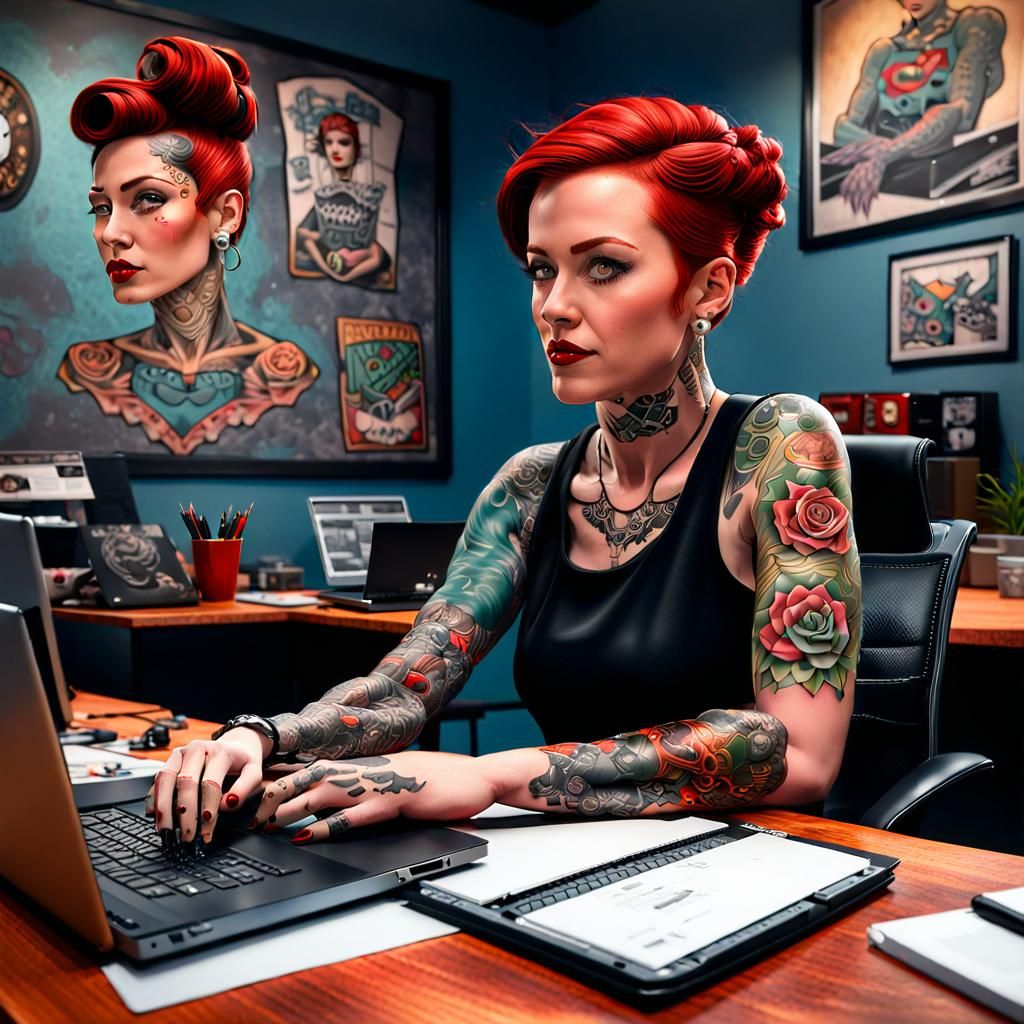 Tattooed Pinup Corporate Boss in Digital Art Style