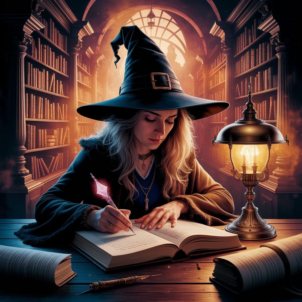 Witch Writing Spell Book with Magical Pen in Watercolor Styl...