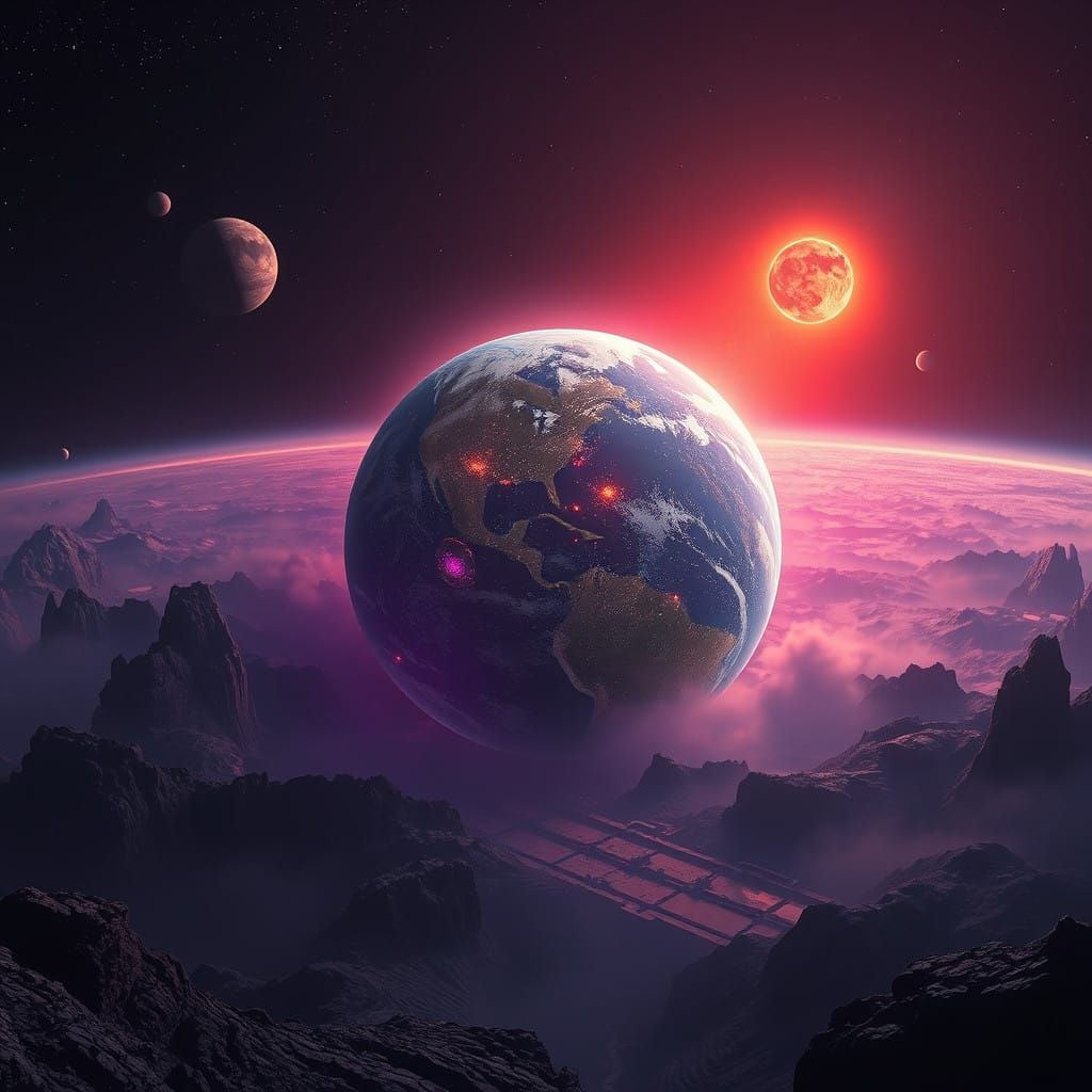 Cyberpunk Planet Earth in Dark, Surrealist Landscape