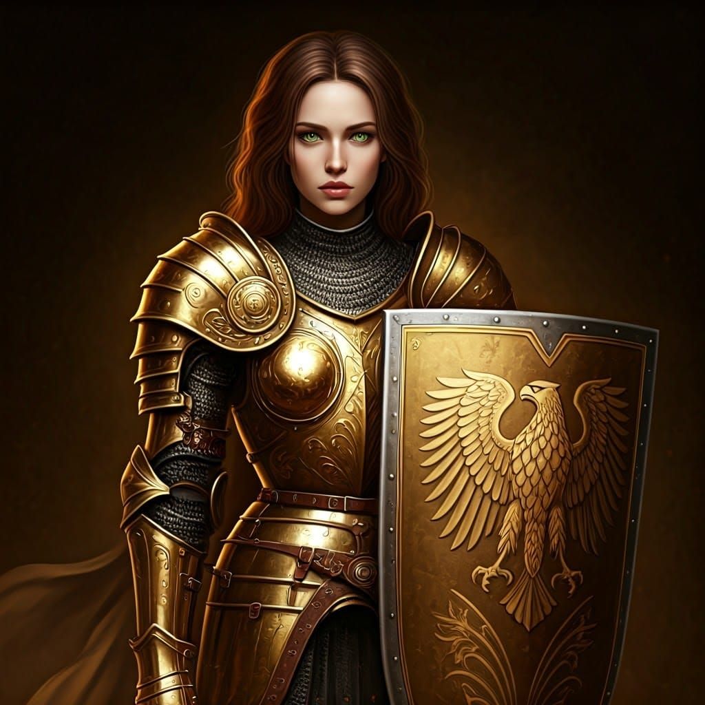Female Knight in Golden Armor with Hawk Shield