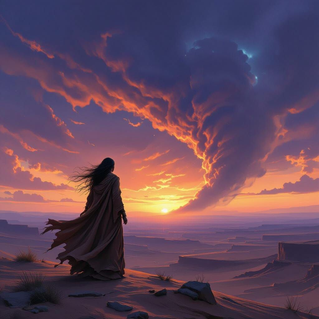 Sorceress Gazing at Sandstorm with Dark Fantasy Grit