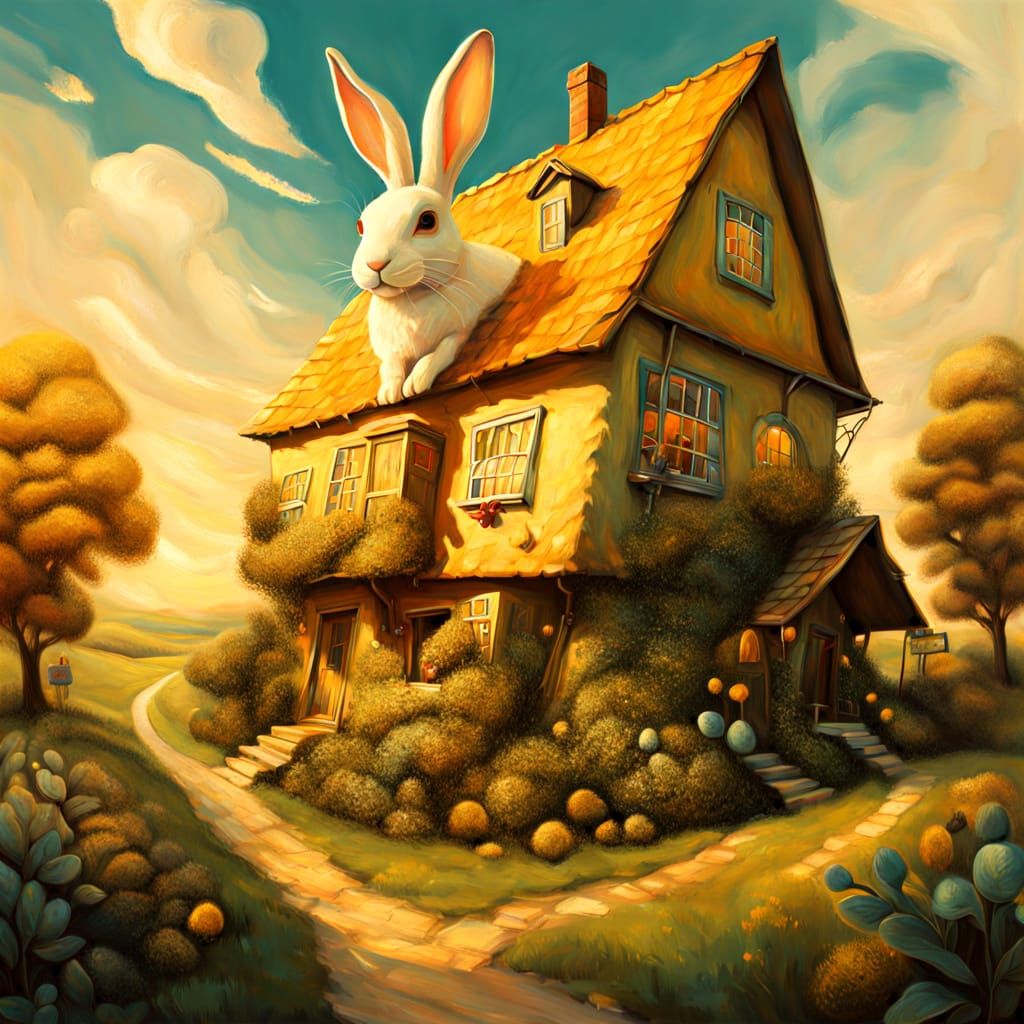 Surreal Rabbit House in Oil Painting Style