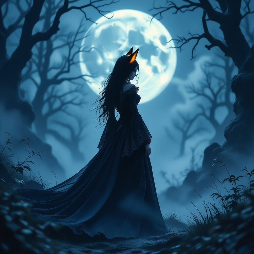 Gothic Figure with Glowing Fox Ear in Moonlit Forest