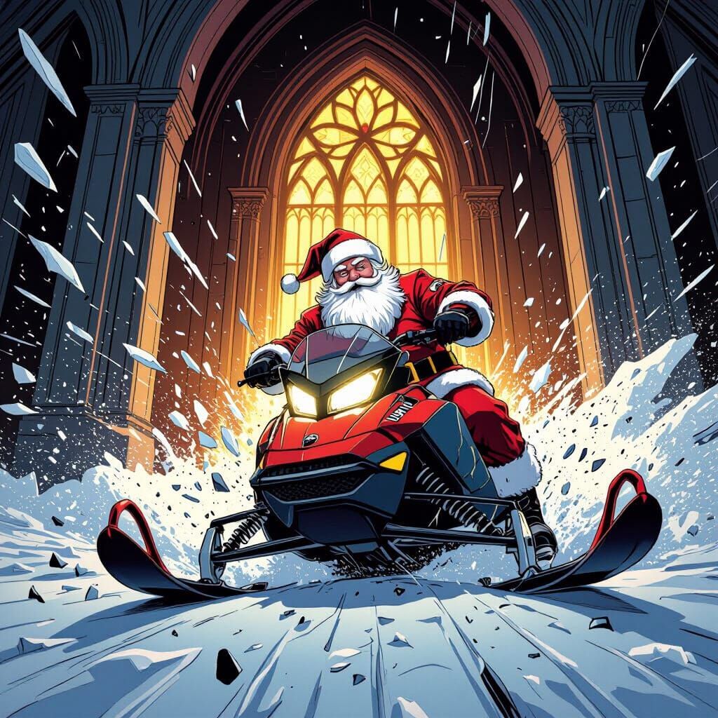 Drunk Santa Crashes Snowmobile Into Church in Comic Art Styl...