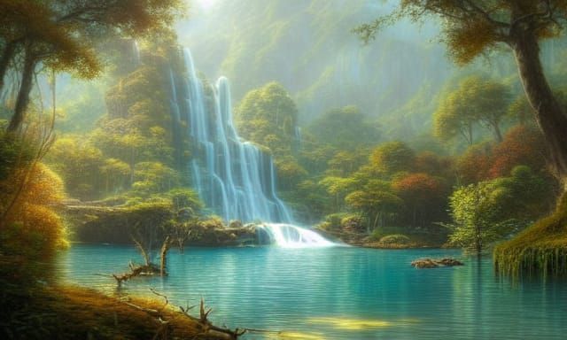 Majestic Blue Waterfall Fantasy Art in Hyperrealism