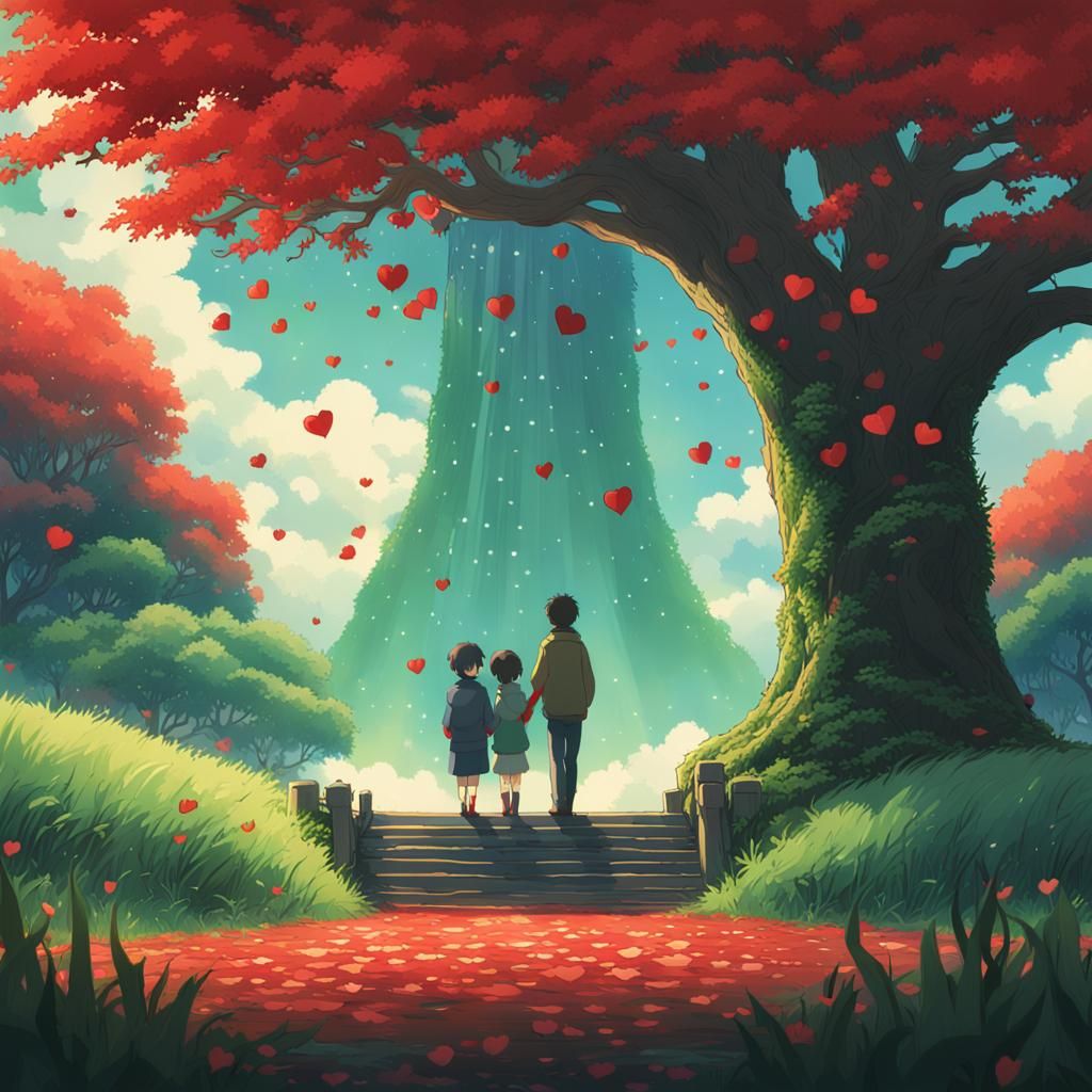 Lovers in Field with Heart Tree, Ghibli Style