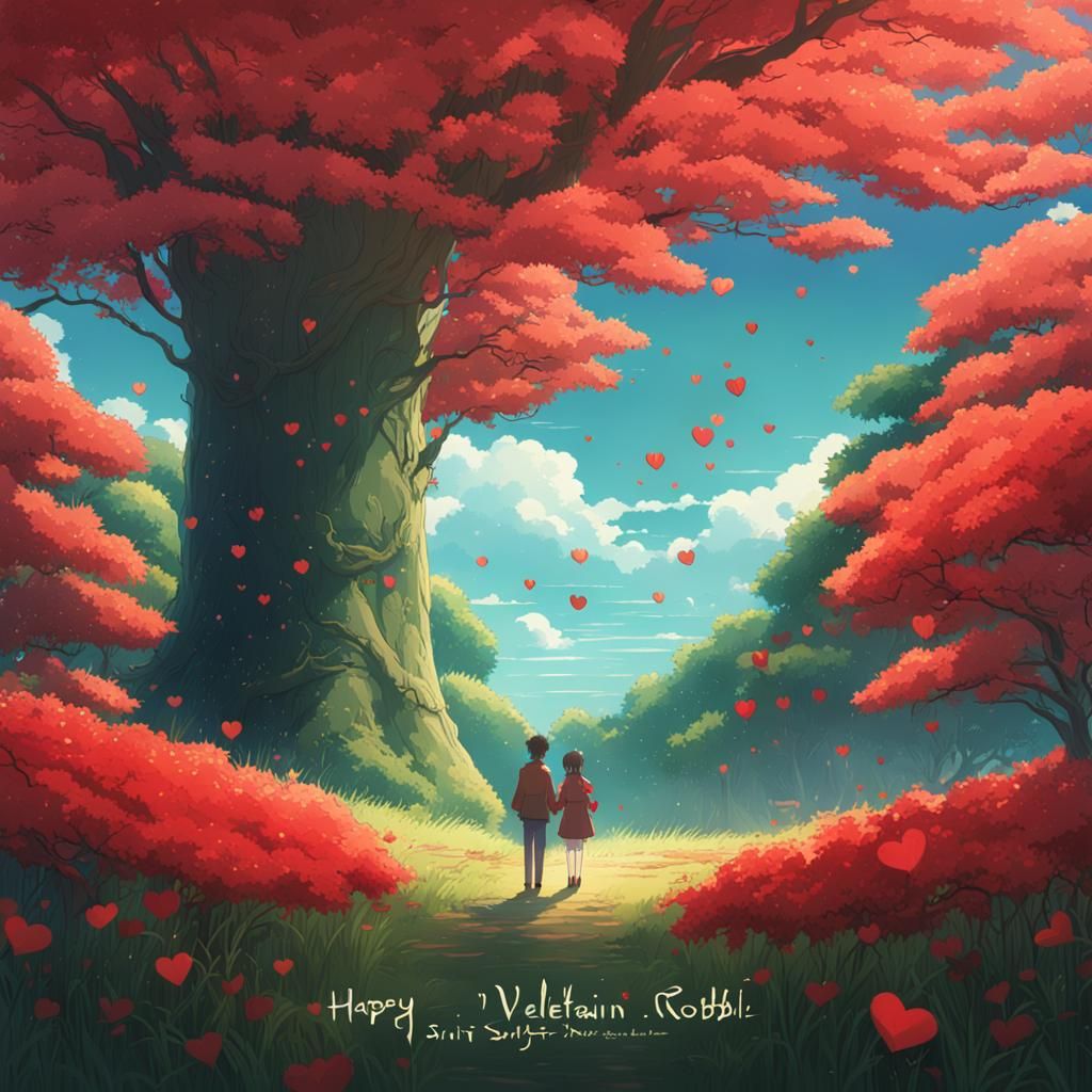 Romantic Meadow with Heart Tree, Anime Style