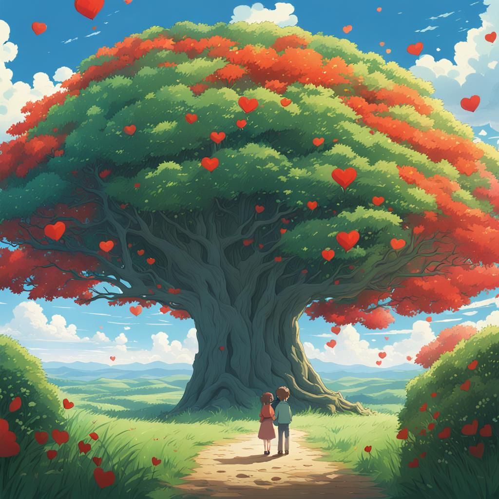 Lovers in Meadow with Heart Tree, Anime Style