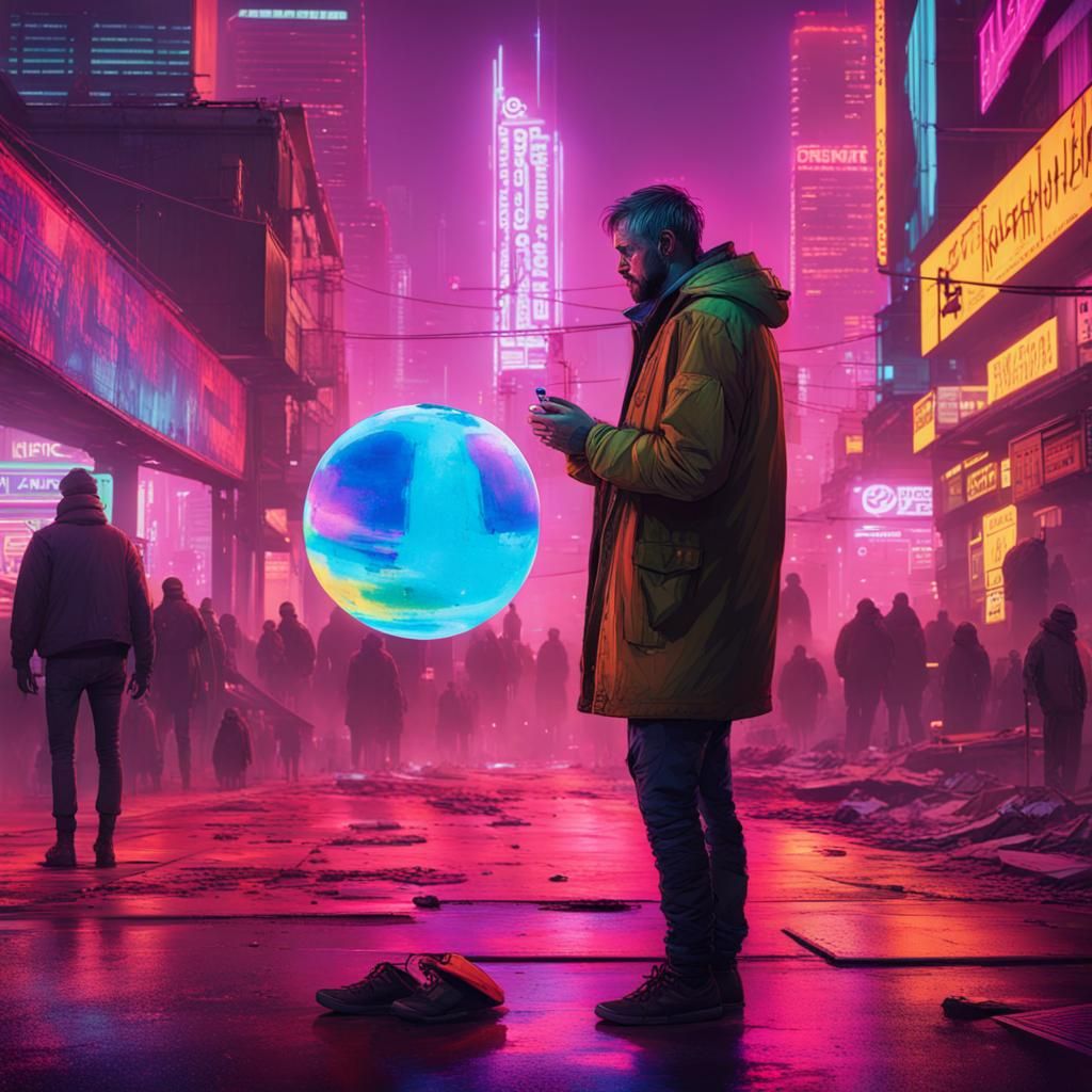 Intrigued Man Holds Sphere in Cyberpunk City