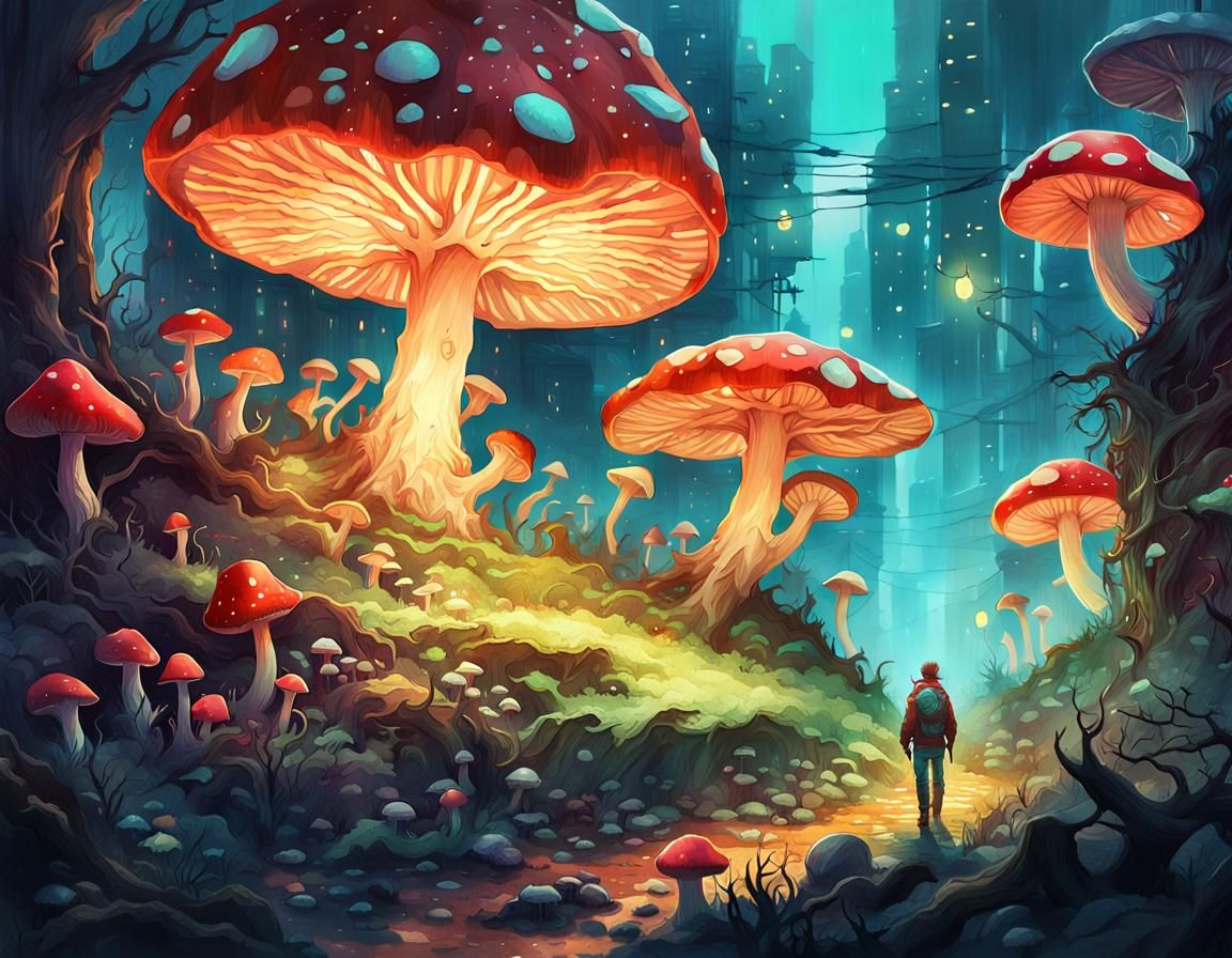Surreal Neon Mushroom Dreamscape: Hyperdetailed Concept Art