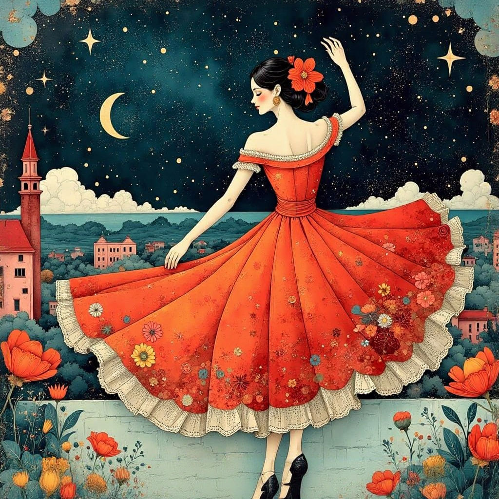 Couple Dancing on Rooftop at Night in Oil Pastel