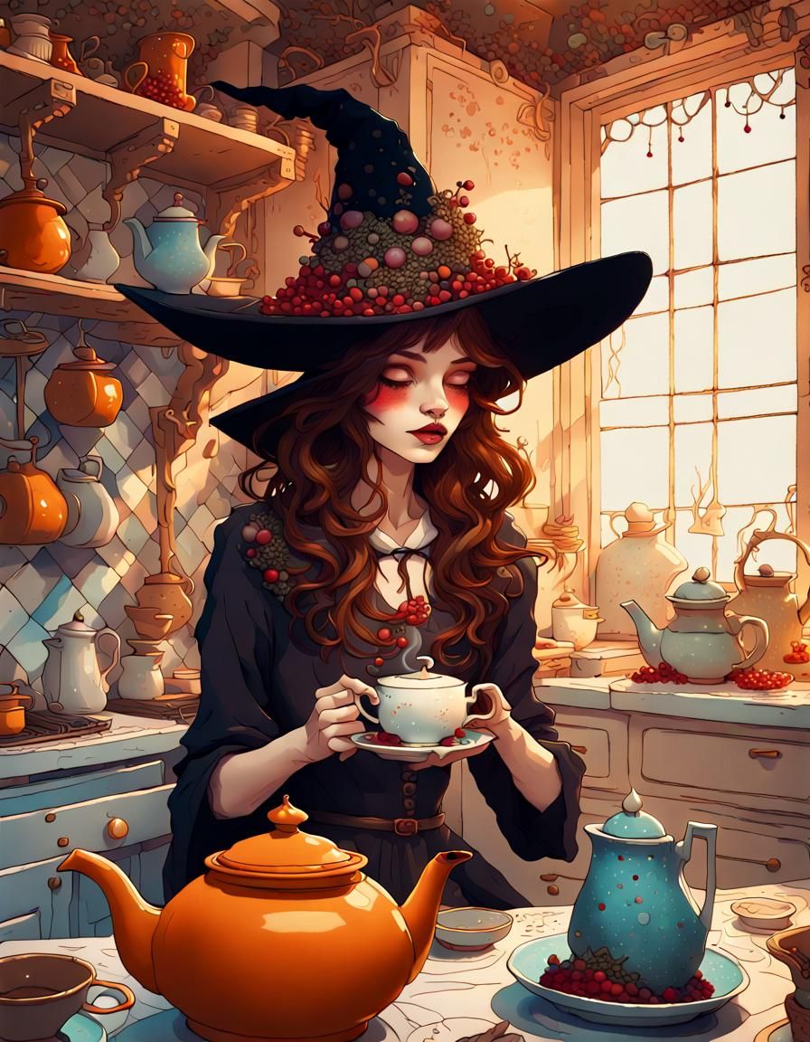 Whimsical Witch Enjoys Tea in Detailed Kitchen
