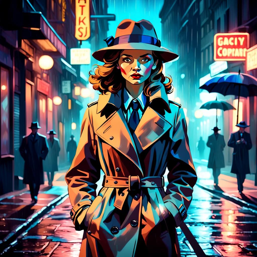 Woman Detective in Film Noir Night Scene