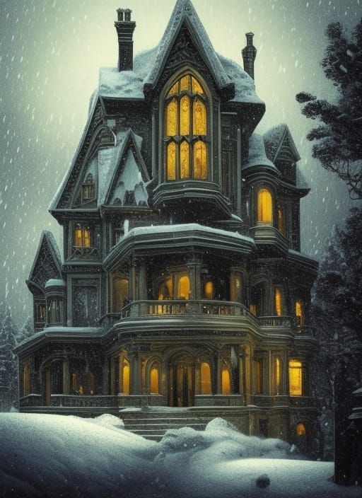 Snowy Gothic Mansion in Winter Landscape