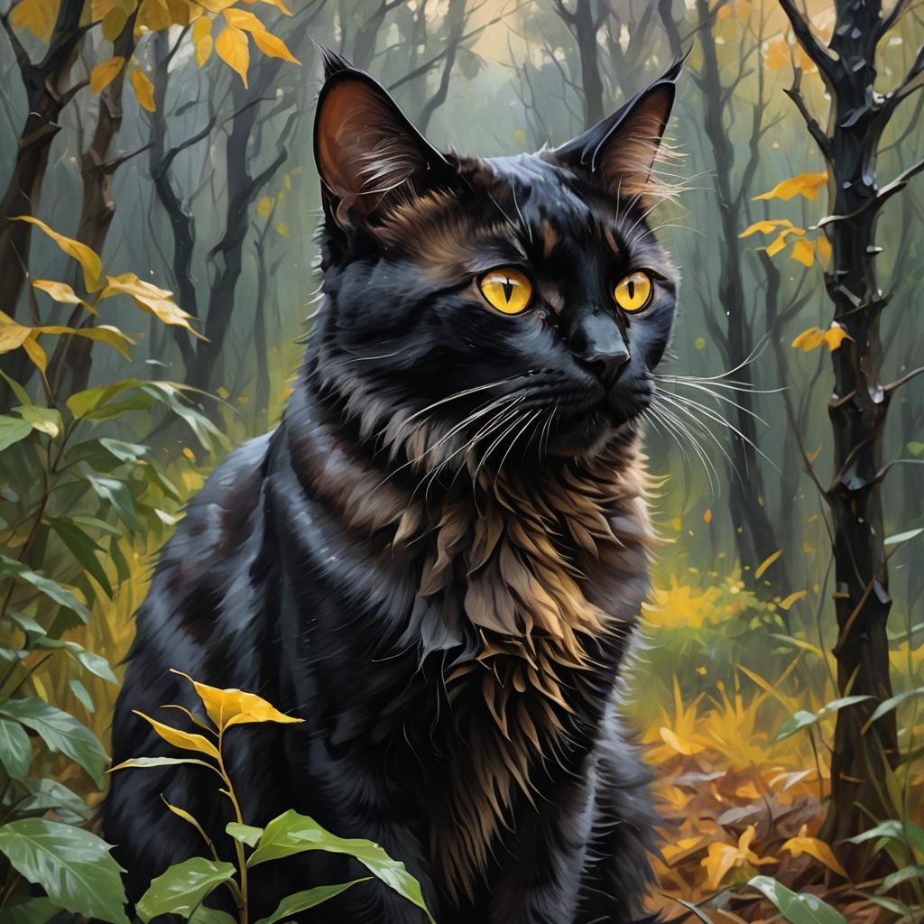 Bombay Cat in Stormy Forest: Vibrant Oil Painting