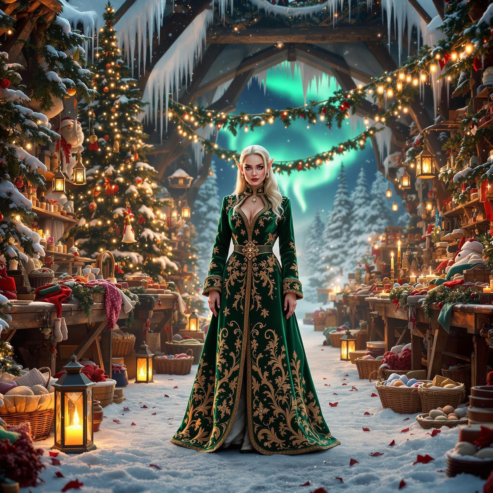 Whimsical Christmas Elf in Emerald Green Velvet Amidst Winte...