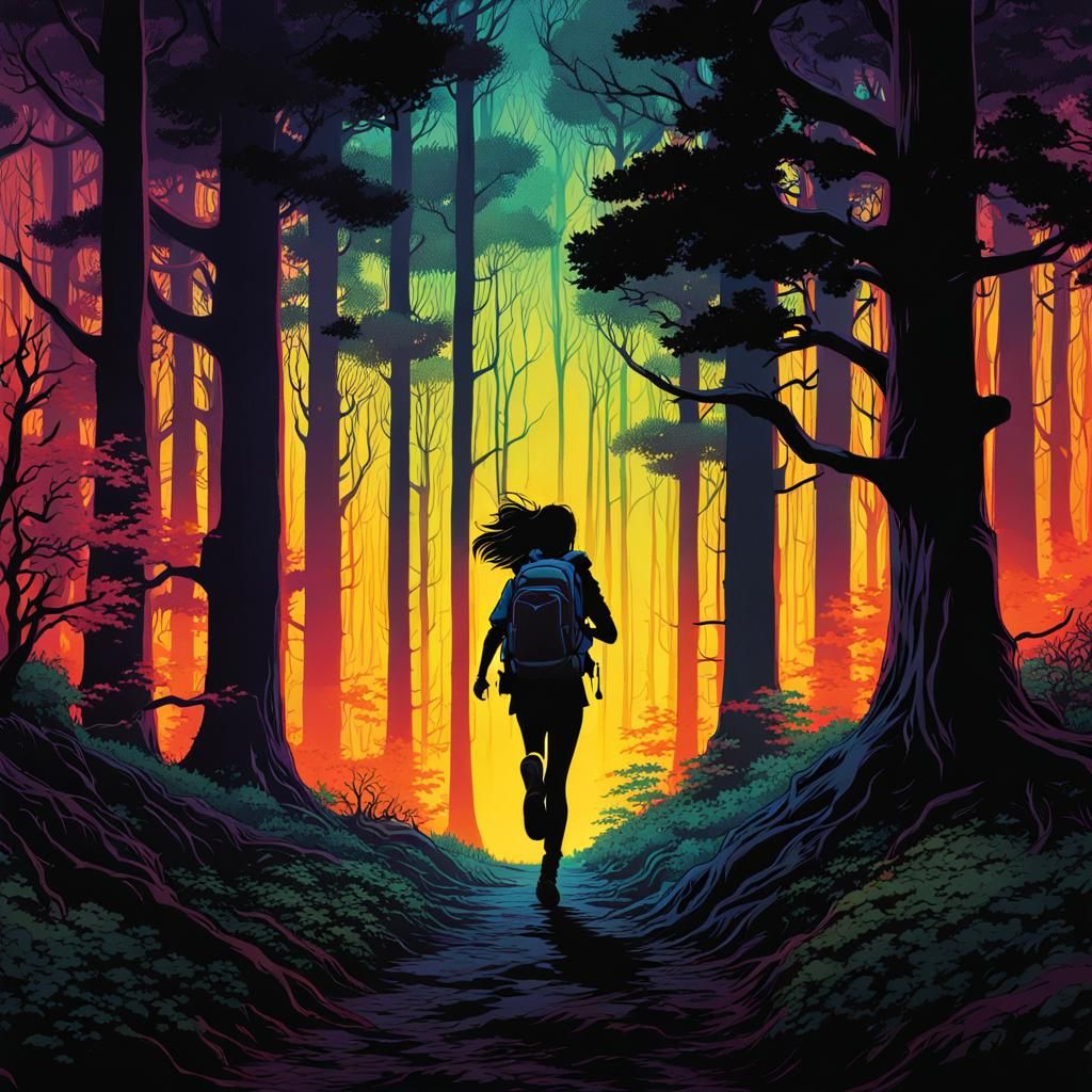 Girl Runs Through Dark Fantasy Forest