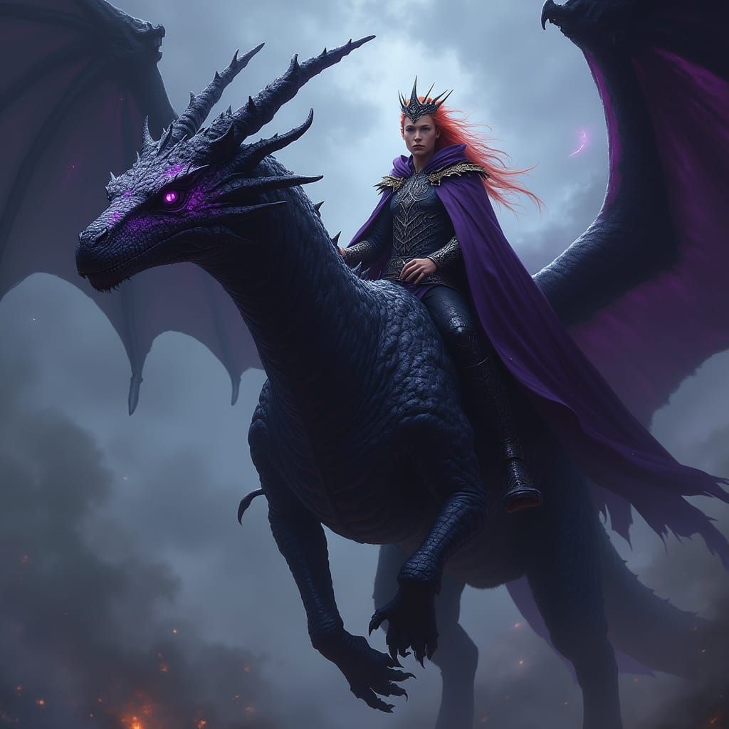 Sorcerer-King on Black Dragon in Apocalyptic Sky