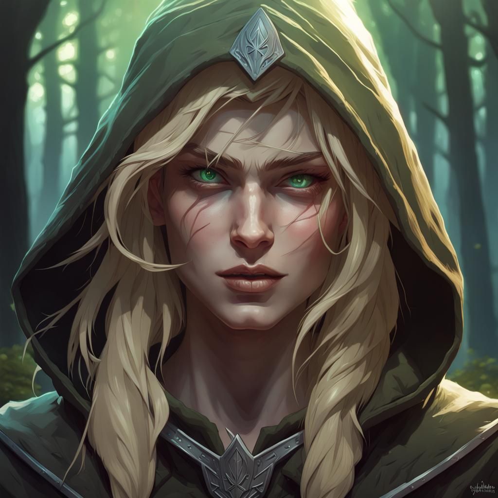 Scarred Elf with Swords in Hyperdetailed Forest