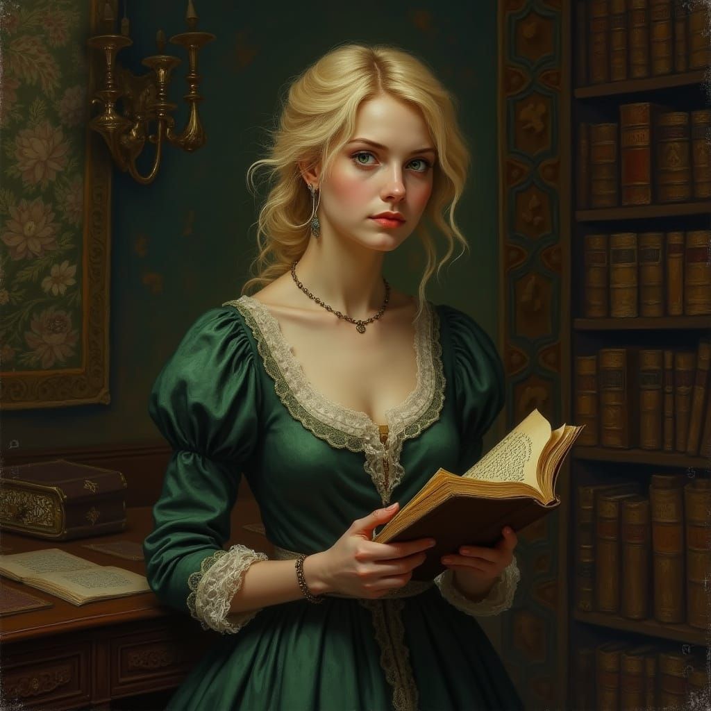 Contemplative Woman with Manuscript in Ornate Study