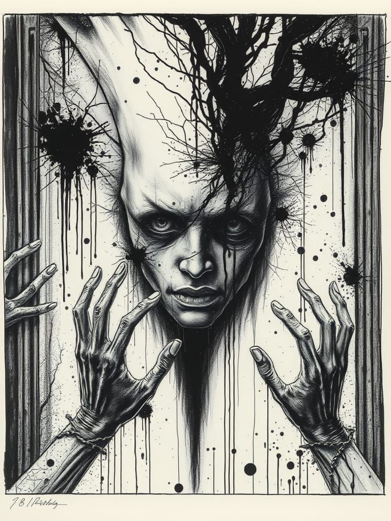 Horror Mirror Ink Splatter Art: Emerging Faces