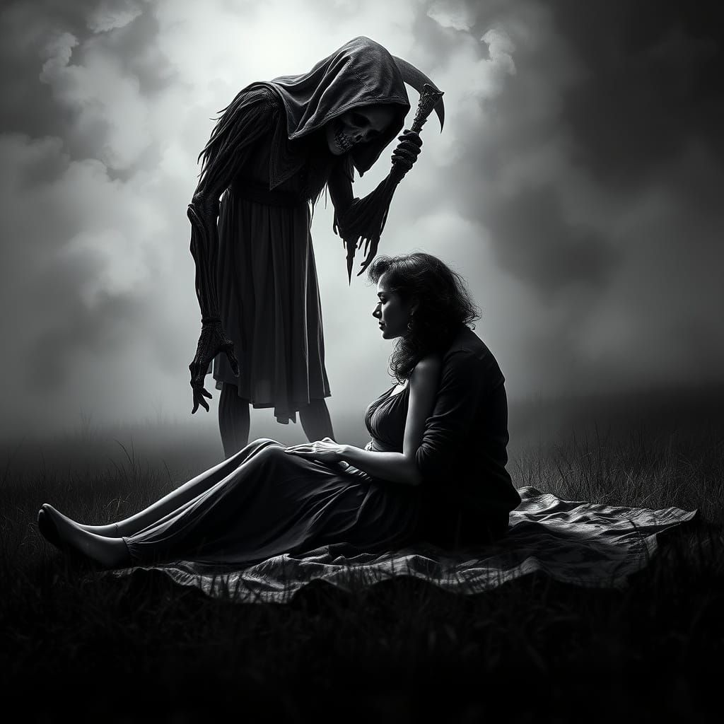 Ethereal Couple in Foggy Meadown, Haunted by Grim Reaper