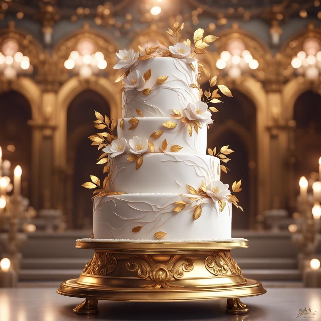 Elegant Gold and White Cake: Detailed Concept Art