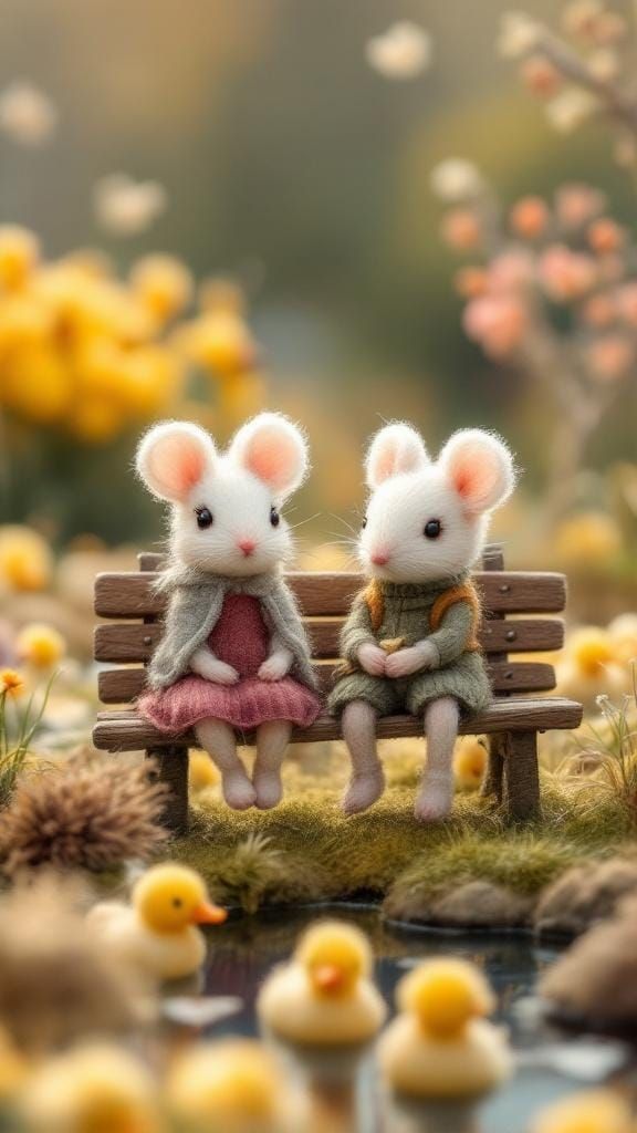 Whimsical Yarn Scene with Felted Mice