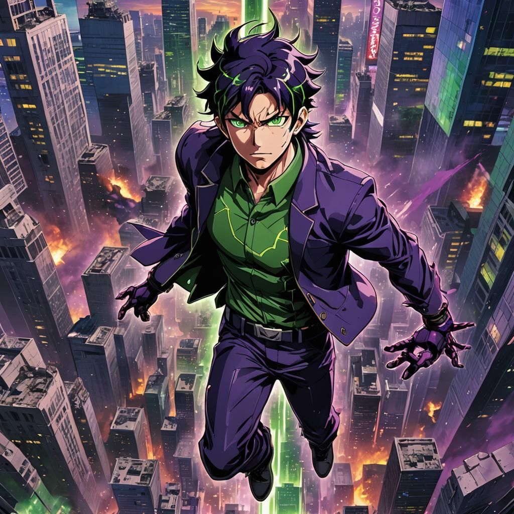 Anime Warrior Amidst Crumbling Skyscraper with Purple Energy