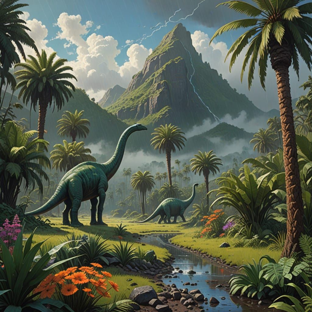 Vibrant Mesozoic Landscape in Photorealistic Style