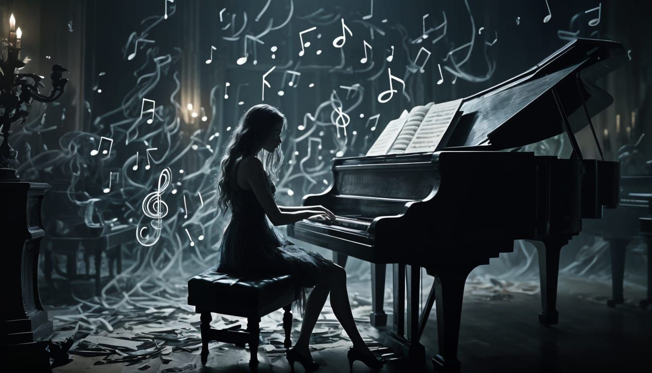 Girl Plays Piano with Dark Aura and Ghostly Notes