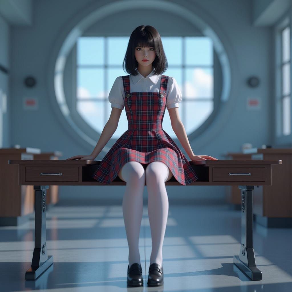 Woman on Oversized Desk in Sci-Fi Style