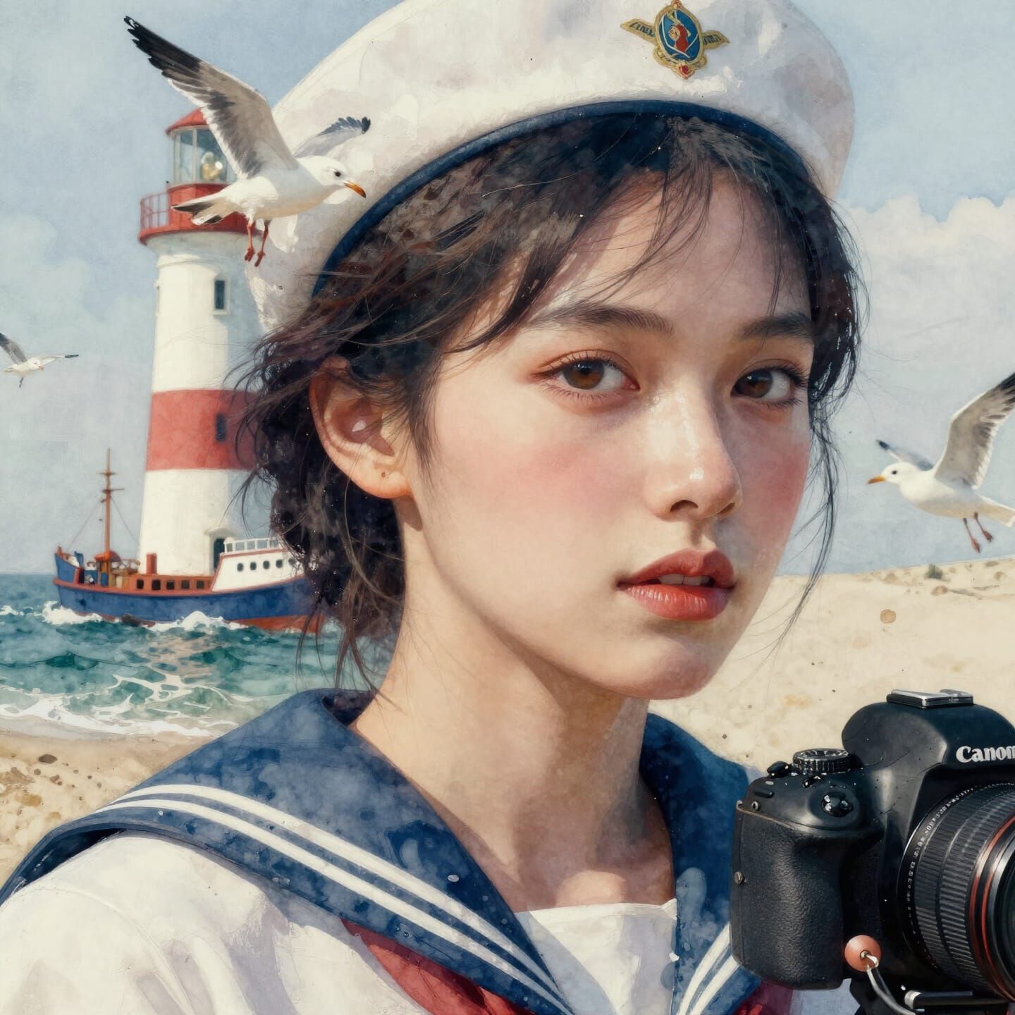 Create a closeup double exposure Sailor's face, ships ocean lighthouse sea gulls scene inside the face with textured bea...