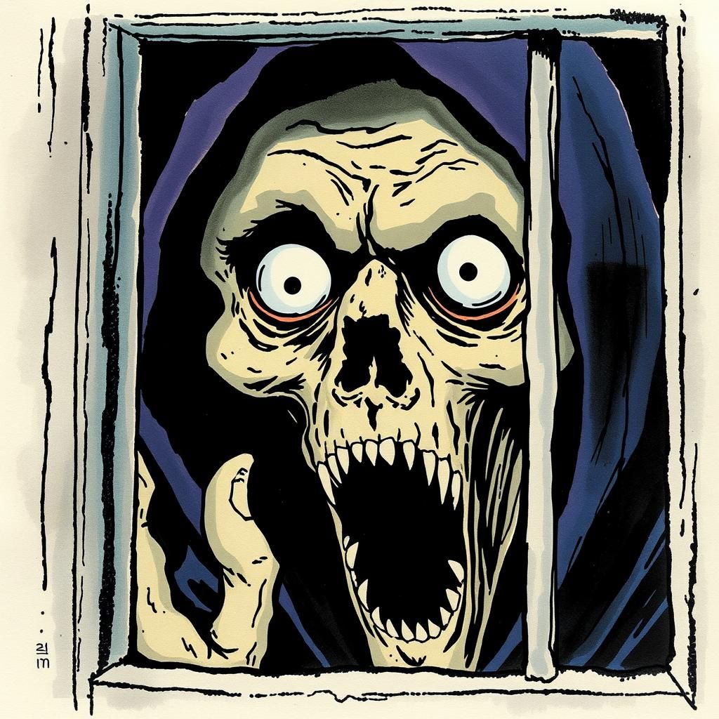 Surprised Grim Reaper Illustration on Parchment