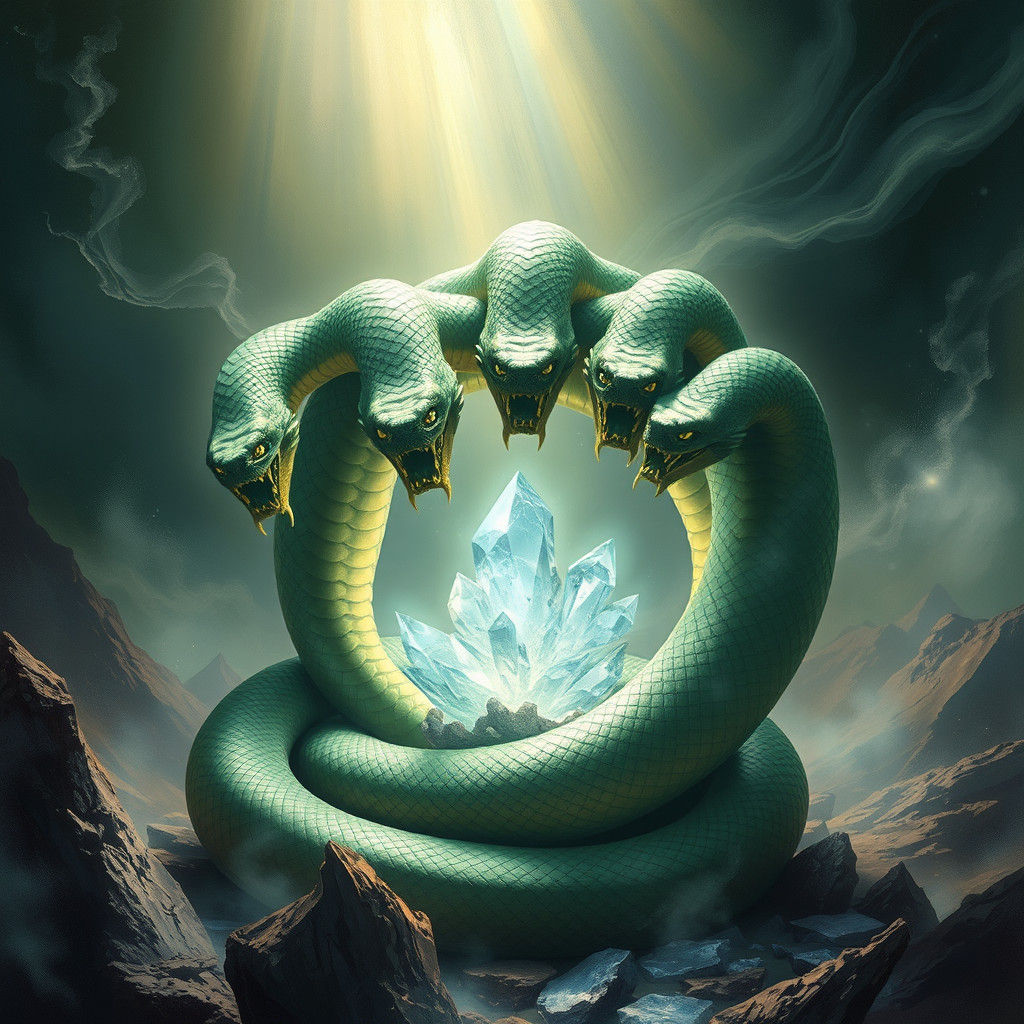 Serpent Guarding Crystal Treasure in Biomechanical Art Style
