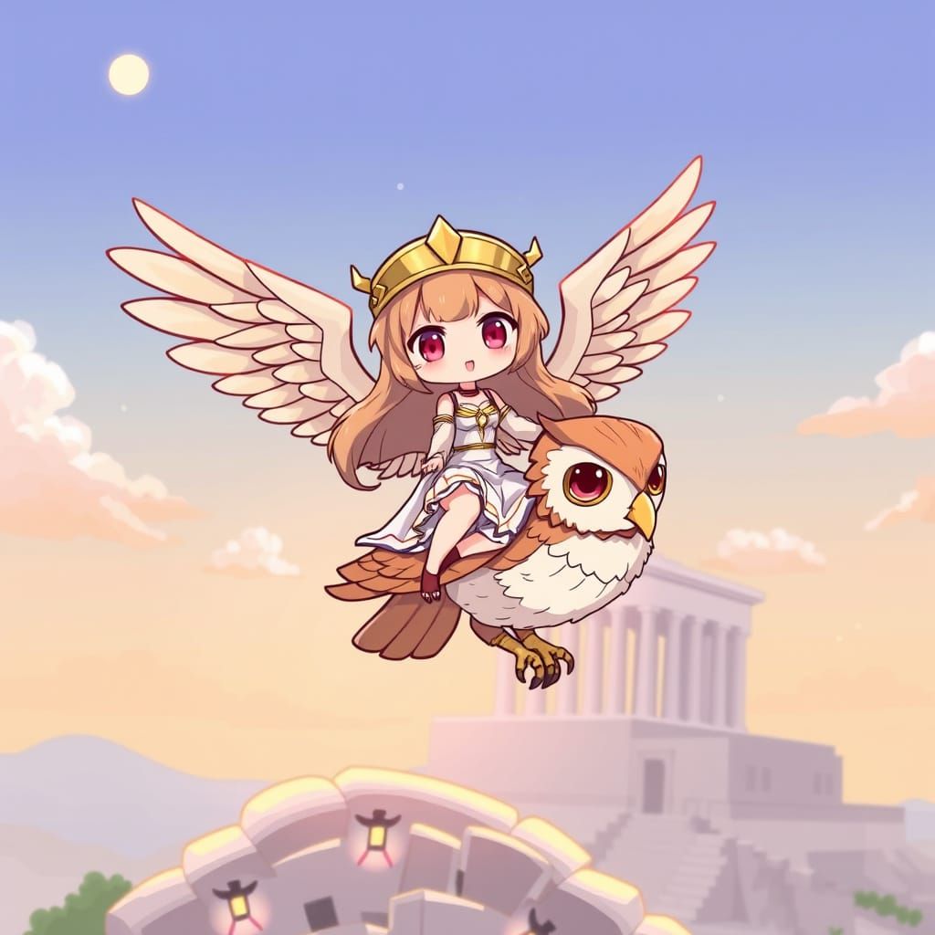 Chibi Anime Athena soars over the Acropolis on Wings of an A...